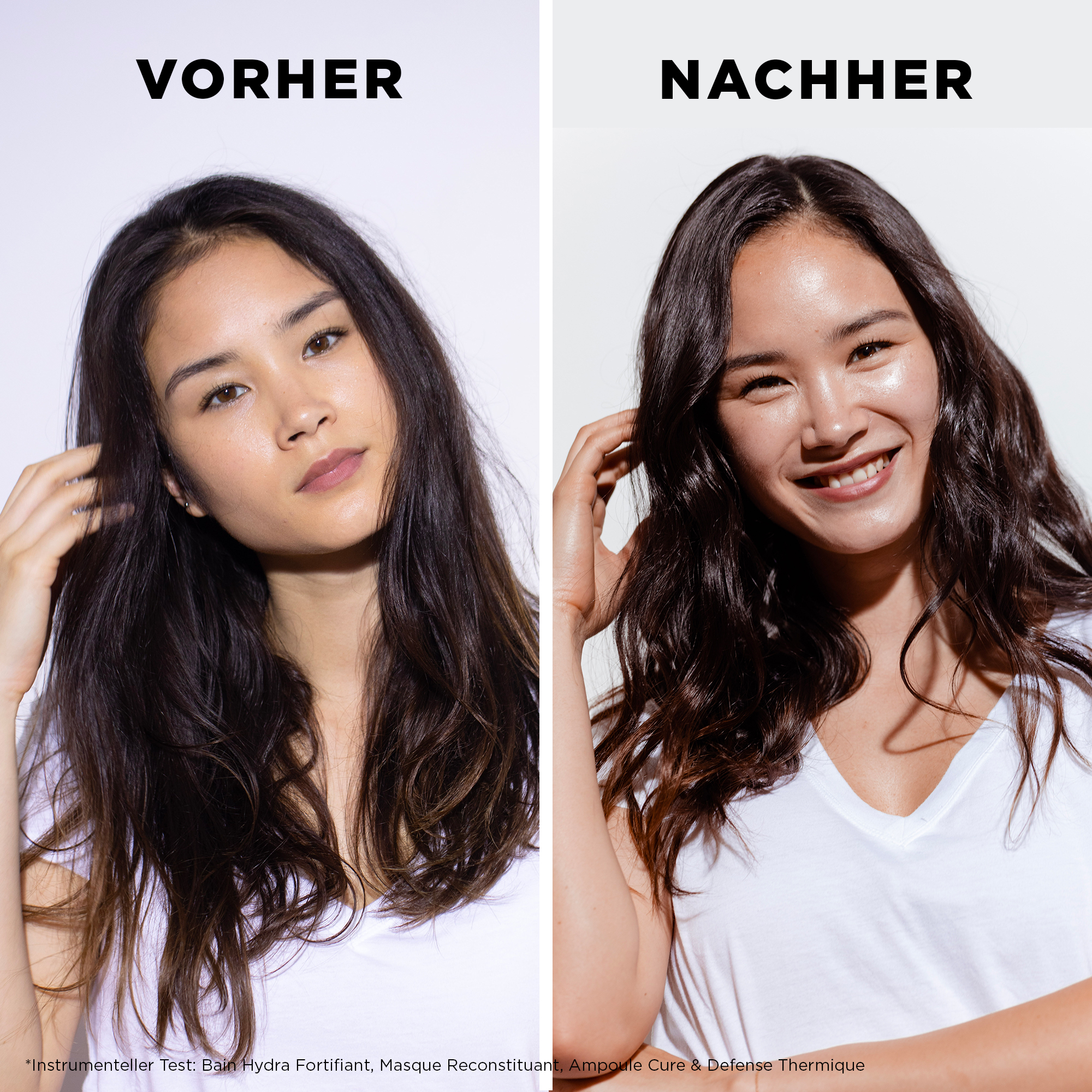 Vorher Nachher-Bild von Frau mit langen braunen Haaren