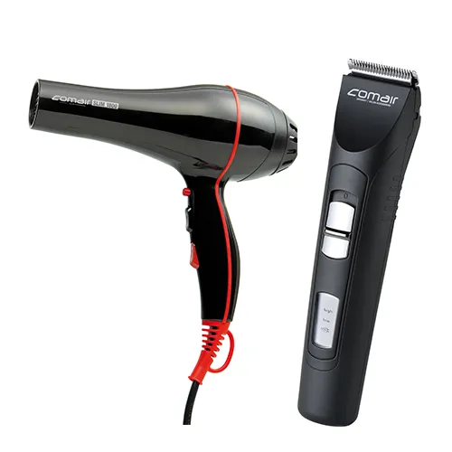 Ein schwarzer Haartrockner und eine elektrische Haarschneidemaschine