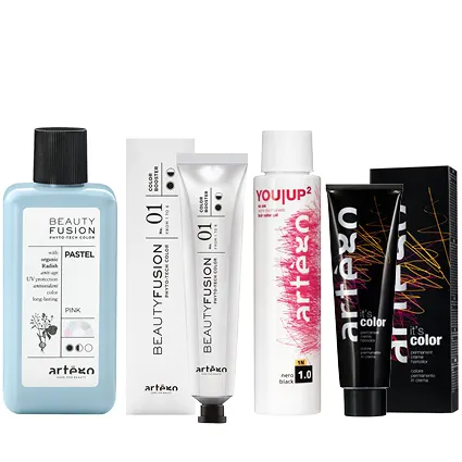 Mehrere Haarfärbeprodukte und Pflegeartikel in unterschiedlichen Verpackungen und Designs