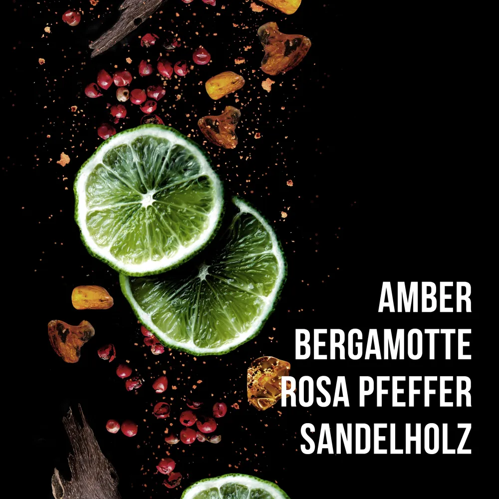 Amber, Bergamotte, Rosa Pfeffer und Sandelholz