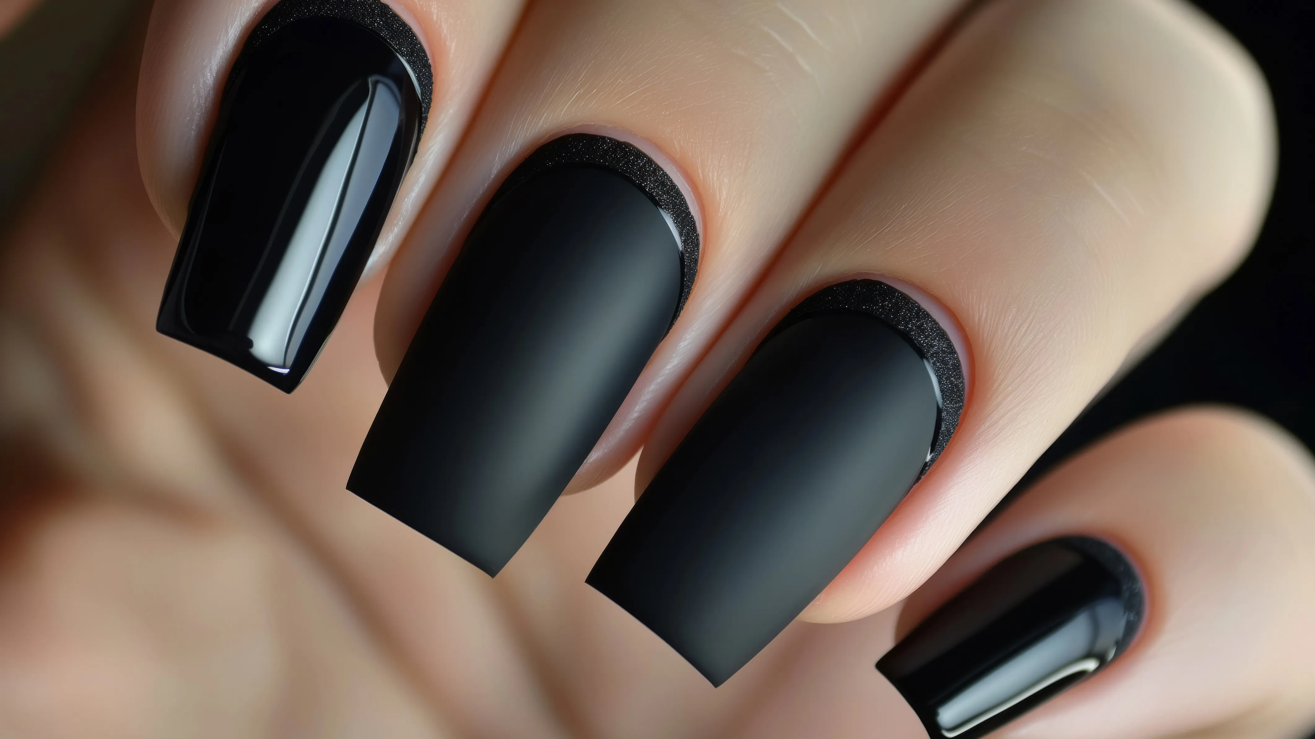 Schwarz lackierte Nägel mit High Gloss und Matt Effekten